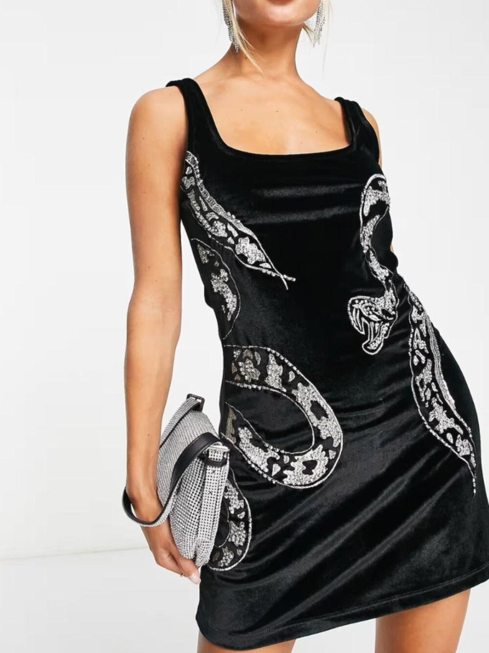 ASOS DESIGN sleeveless velvet mini dress with snake embellishment